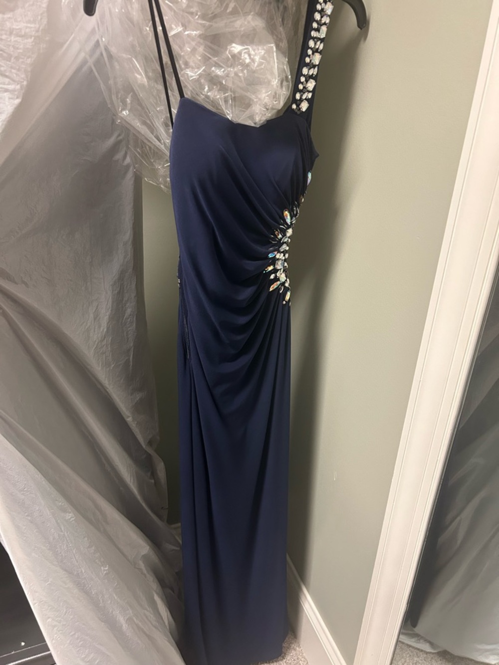 Jodi Kristopher Navy Blue Beaded Side-Ruched Prom Gown